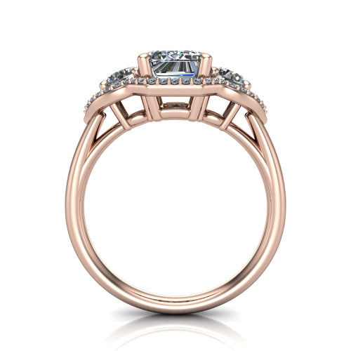 Kalani emerald halo engagement ring in 18K Rose Gold, through-finger front profile showing the three haloed sections raised above the slim polished shank
