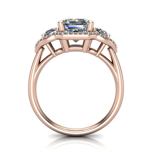 Kalani asscher halo engagement ring in 14K Rose Gold, through-finger front profile showing the three haloed sections raised above the slim polished shank