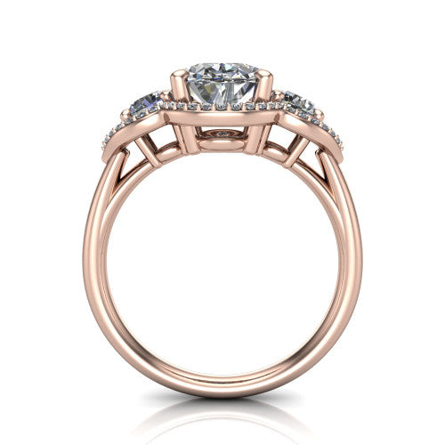 Kalani oval halo engagement ring in 18K Rose Gold, through-finger front profile showing the three haloed sections raised above the slim polished shank
