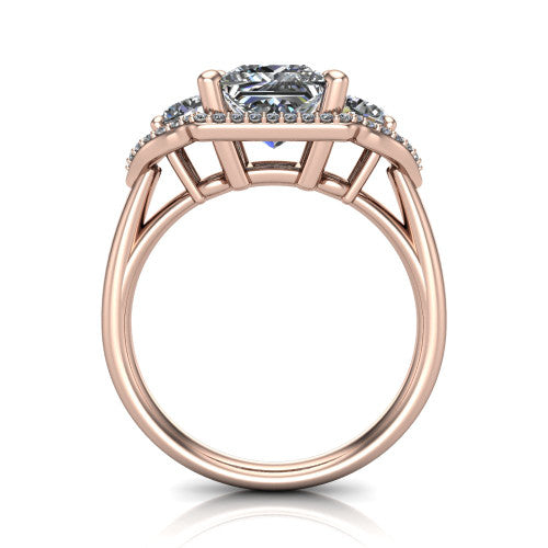 Kalani princess halo engagement ring in 18K Rose Gold, through-finger front profile showing the three haloed sections raised above the slim polished shank