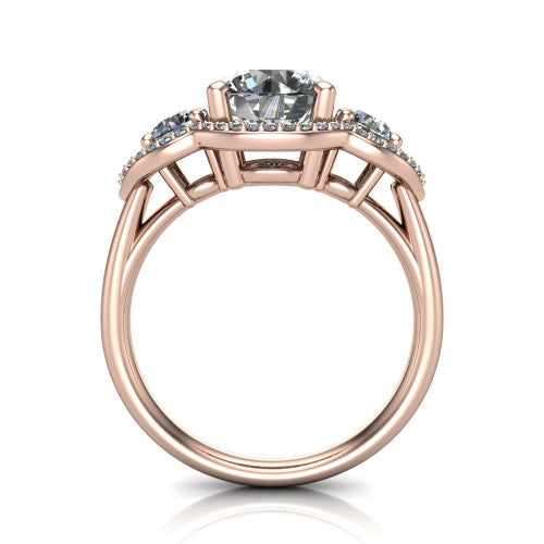 Kalani round halo engagement ring in 18K Rose Gold, through-finger front profile showing the three haloed sections raised above the slim polished shank