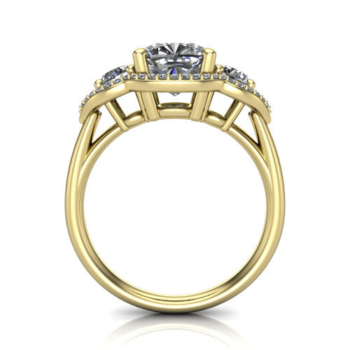 Kalani cushion halo engagement ring in 18K Yellow Gold, through-finger front profile showing the three haloed sections raised above the slim polished shank