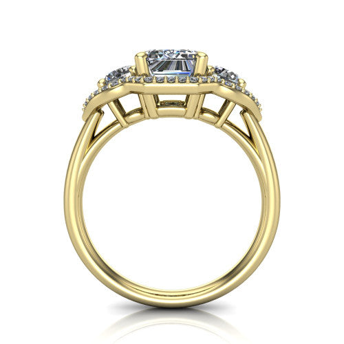 Kalani emerald halo engagement ring in 14K Yellow Gold, through-finger front profile showing the three haloed sections raised above the slim polished shank