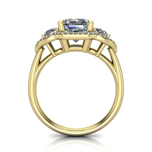 Kalani asscher halo engagement ring in 14K Yellow Gold, through-finger front profile showing the three haloed sections raised above the slim polished shank