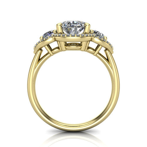 Kalani oval halo engagement ring in 14K Yellow Gold, through-finger front profile showing the three haloed sections raised above the slim polished shank
