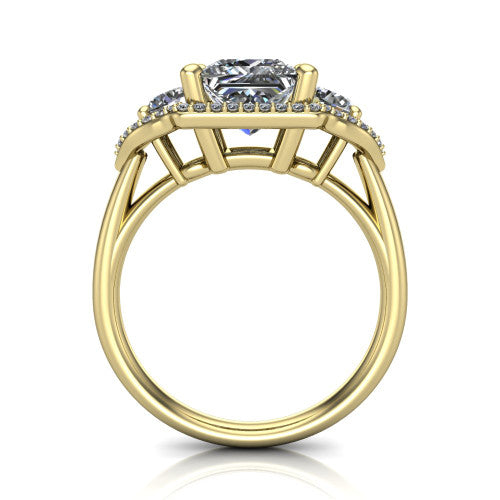 Kalani princess halo engagement ring in 14K Yellow Gold, through-finger front profile showing the three haloed sections raised above the slim polished shank