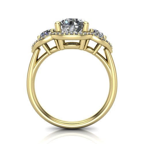 Kalani round halo engagement ring in 14K Yellow Gold, through-finger front profile showing the three haloed sections raised above the slim polished shank