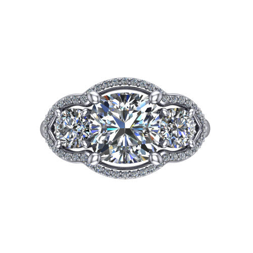 Kalani cushion halo engagement ring in 14K White Gold, top-down view showing the haloed center diamond flanked by two haloed round side stones with filigree bridges between