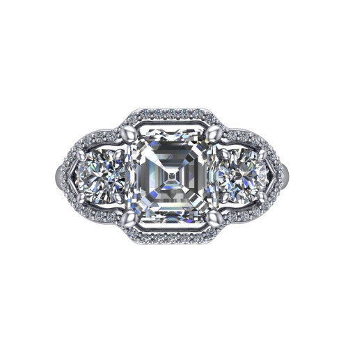 Kalani asscher halo engagement ring in Platinum, top-down view showing the haloed center diamond flanked by two haloed round side stones with filigree bridges between