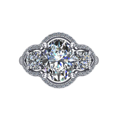Kalani oval halo engagement ring in 14K White Gold, top-down view showing the haloed center diamond flanked by two haloed round side stones with filigree bridges between