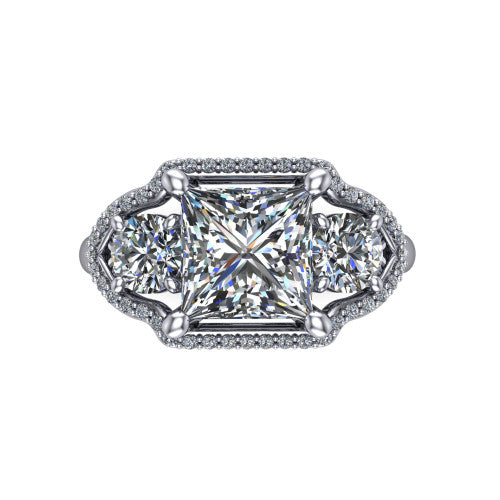 Kalani princess halo engagement ring in 18K White Gold, top-down view showing the haloed center diamond flanked by two haloed round side stones with filigree bridges between