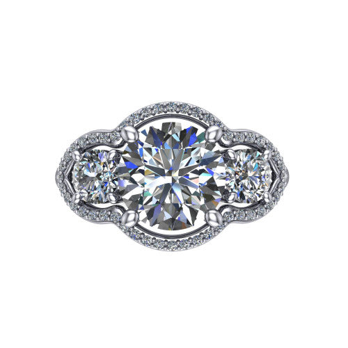 Kalani round halo engagement ring in 18K White Gold, top-down view showing the haloed center diamond flanked by two haloed round side stones with filigree bridges between