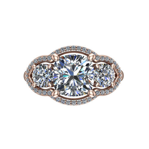 Kalani cushion halo engagement ring in 18K Rose Gold, top-down view showing the haloed center diamond flanked by two haloed round side stones with filigree bridges between