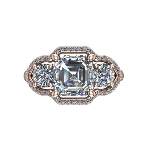 Kalani asscher halo engagement ring in 18K Rose Gold, top-down view showing the haloed center diamond flanked by two haloed round side stones with filigree bridges between