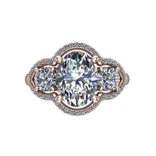 Kalani oval halo engagement ring in 14K Rose Gold, top-down view showing the haloed center diamond flanked by two haloed round side stones with filigree bridges between
