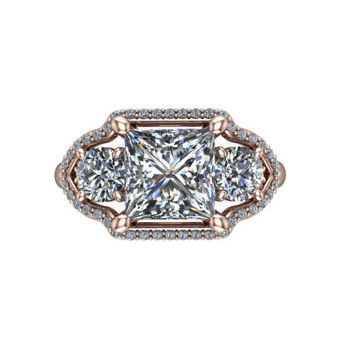 Kalani princess halo engagement ring in 18K Rose Gold, top-down view showing the haloed center diamond flanked by two haloed round side stones with filigree bridges between
