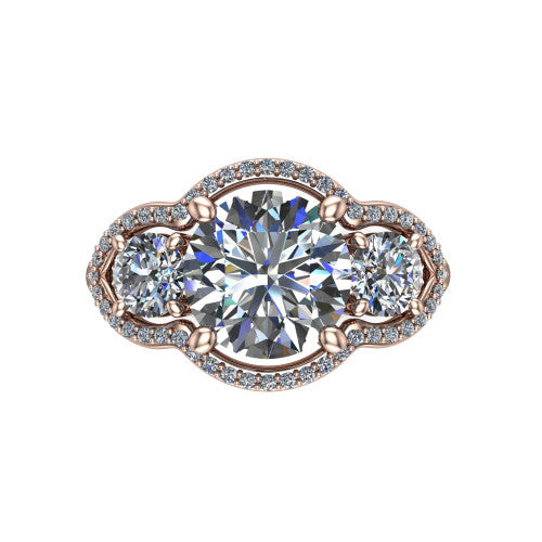 Kalani round halo engagement ring in 18K Rose Gold, top-down view showing the haloed center diamond flanked by two haloed round side stones with filigree bridges between