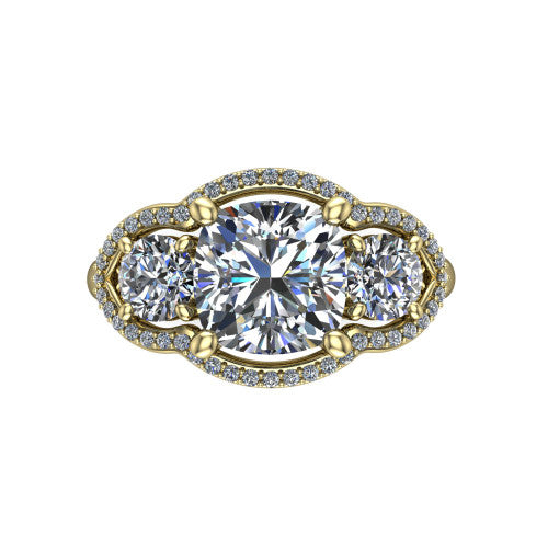 Kalani cushion halo engagement ring in 18K Yellow Gold, top-down view showing the haloed center diamond flanked by two haloed round side stones with filigree bridges between