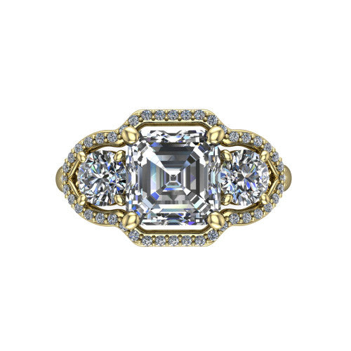 Kalani asscher halo engagement ring in 14K Yellow Gold, top-down view showing the haloed center diamond flanked by two haloed round side stones with filigree bridges between