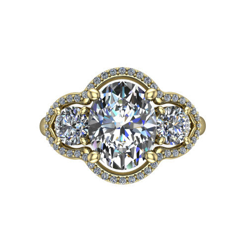 Kalani oval halo engagement ring in 18K Yellow Gold, top-down view showing the haloed center diamond flanked by two haloed round side stones with filigree bridges between