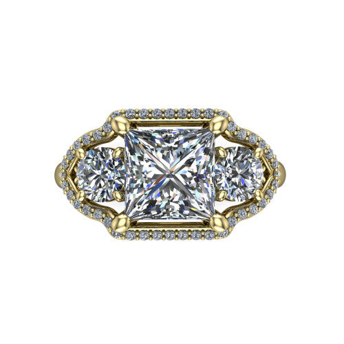 Kalani princess halo engagement ring in 18K Yellow Gold, top-down view showing the haloed center diamond flanked by two haloed round side stones with filigree bridges between