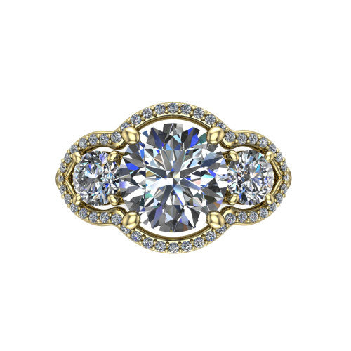 Kalani round halo engagement ring in 18K Yellow Gold, top-down view showing the haloed center diamond flanked by two haloed round side stones with filigree bridges between