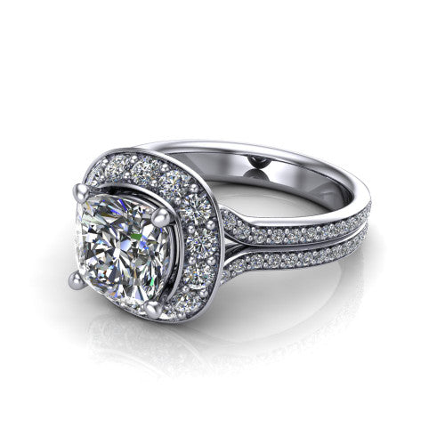 Melissa cushion halo engagement ring in 18K White Gold, three-quarter perspective showing the cushion-shaped halo center raised above a pav&eacute; split shank