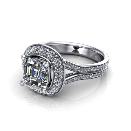 Melissa asscher halo engagement ring in 18K White Gold, three-quarter perspective showing the cushion-shaped halo center raised above a pav&eacute; split shank