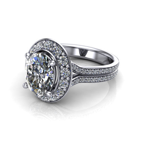 Melissa oval halo engagement ring in 14K White Gold, three-quarter perspective showing the cushion-shaped halo center raised above a pav&eacute; split shank