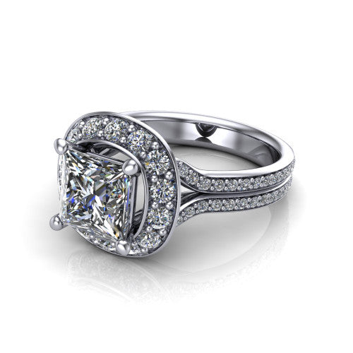 Melissa princess halo engagement ring in 14K White Gold, three-quarter perspective showing the cushion-shaped halo center raised above a pav&eacute; split shank