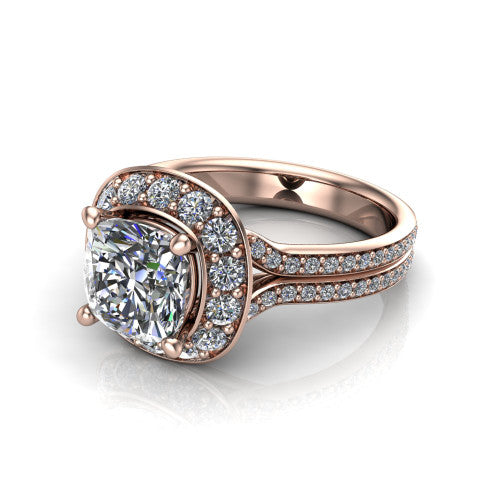 Melissa cushion halo engagement ring in 14K Rose Gold, three-quarter perspective showing the cushion-shaped halo center raised above a pav&eacute; split shank