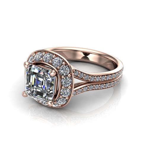 Melissa asscher halo engagement ring in 14K Rose Gold, three-quarter perspective showing the cushion-shaped halo center raised above a pav&eacute; split shank