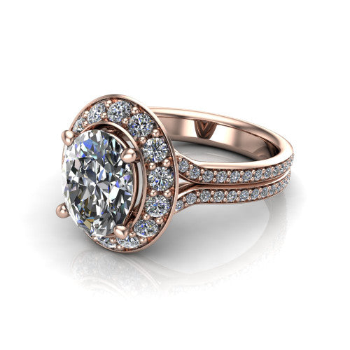 Melissa oval halo engagement ring in 14K Rose Gold, three-quarter perspective showing the cushion-shaped halo center raised above a pav&eacute; split shank