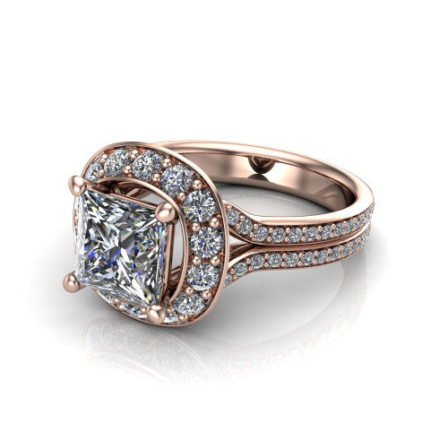 Melissa princess halo engagement ring in 18K Rose Gold, three-quarter perspective showing the cushion-shaped halo center raised above a pav&eacute; split shank