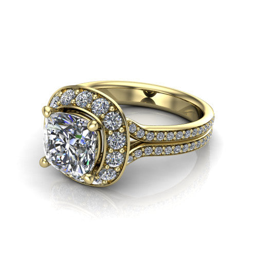 Melissa cushion halo engagement ring in 14K Yellow Gold, three-quarter perspective showing the cushion-shaped halo center raised above a pav&eacute; split shank