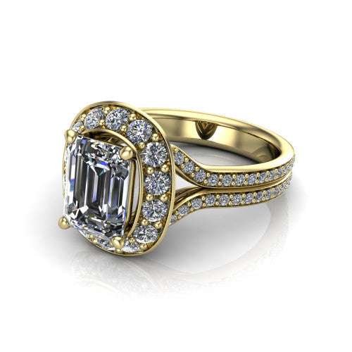 Melissa emerald halo engagement ring in 18K Yellow Gold, three-quarter perspective showing the cushion-shaped halo center raised above a pav&eacute; split shank