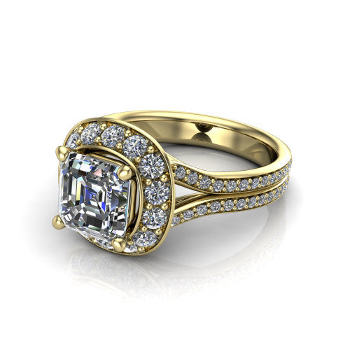 Melissa asscher halo engagement ring in 14K Yellow Gold, three-quarter perspective showing the cushion-shaped halo center raised above a pav&eacute; split shank