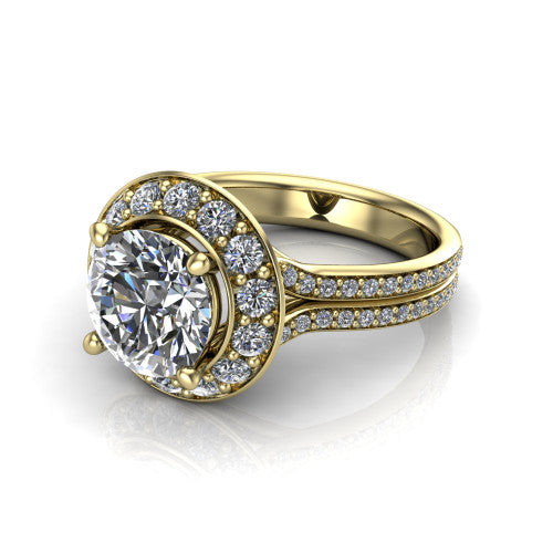 Melissa round halo engagement ring in 18K Yellow Gold, three-quarter perspective showing the cushion-shaped halo center raised above a pav&eacute; split shank