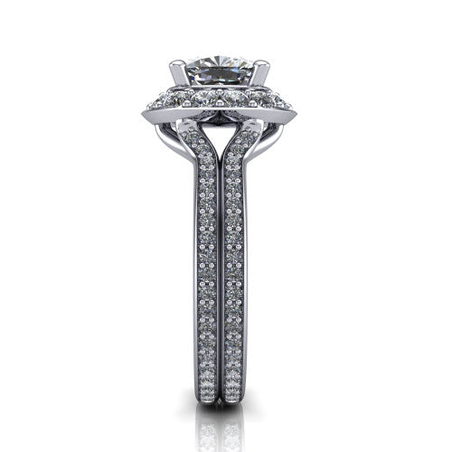 Melissa cushion halo engagement ring in Platinum, side profile showing the pav&eacute; split shank dividing into two diamond-lined rows beneath the halo