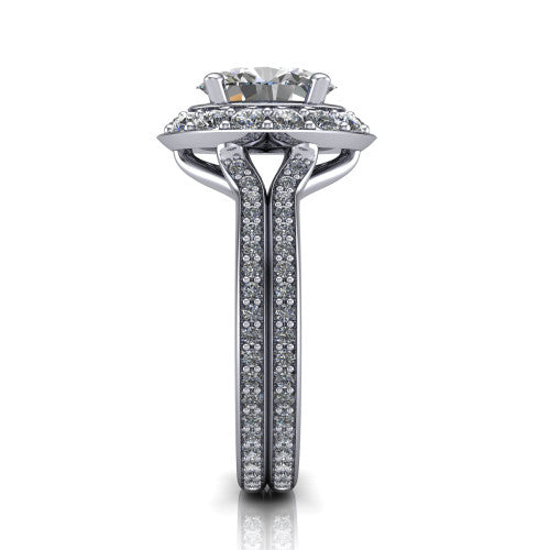 Melissa oval halo engagement ring in 14K White Gold, side profile showing the pav&eacute; split shank dividing into two diamond-lined rows beneath the halo