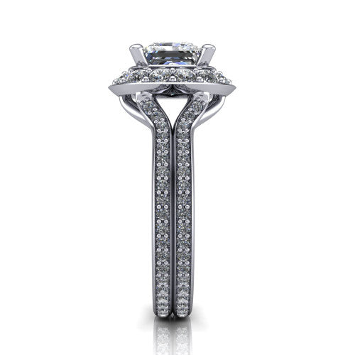 Melissa princess halo engagement ring in Platinum, side profile showing the pav&eacute; split shank dividing into two diamond-lined rows beneath the halo