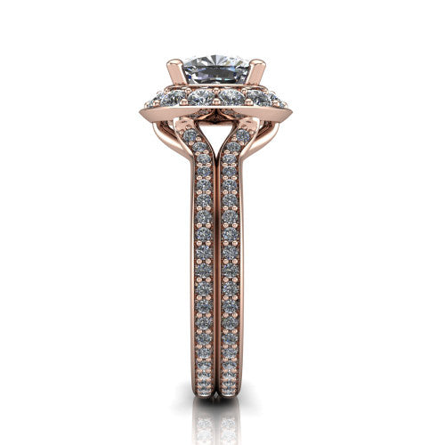 Melissa cushion halo engagement ring in 14K Rose Gold, side profile showing the pav&eacute; split shank dividing into two diamond-lined rows beneath the halo