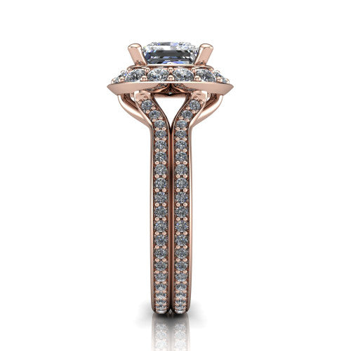 Melissa princess halo engagement ring in 14K Rose Gold, side profile showing the pav&eacute; split shank dividing into two diamond-lined rows beneath the halo