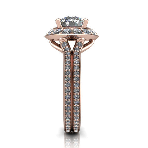 Melissa round halo engagement ring in 14K Rose Gold, side profile showing the pav&eacute; split shank dividing into two diamond-lined rows beneath the halo