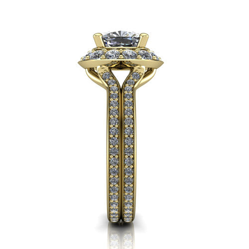 Melissa cushion halo engagement ring in 18K Yellow Gold, side profile showing the pav&eacute; split shank dividing into two diamond-lined rows beneath the halo