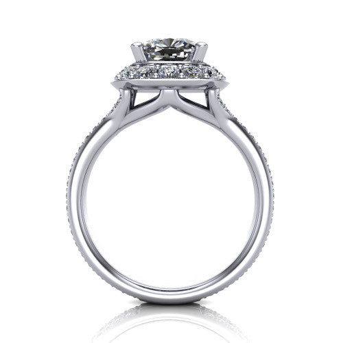 Melissa cushion halo engagement ring in 14K White Gold, through-finger front profile showing the halo head raised above the pav&eacute; split band
