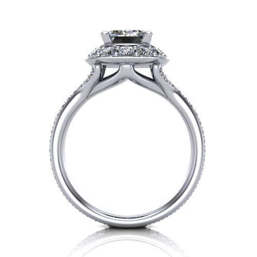 Melissa emerald halo engagement ring in 18K White Gold, through-finger front profile showing the halo head raised above the pav&eacute; split band