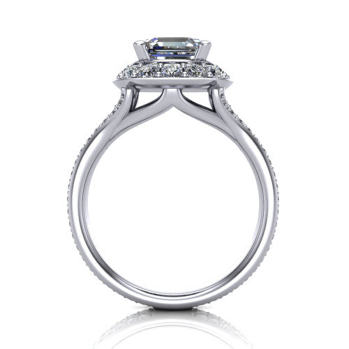 Melissa asscher halo engagement ring in Platinum, through-finger front profile showing the halo head raised above the pav&eacute; split band