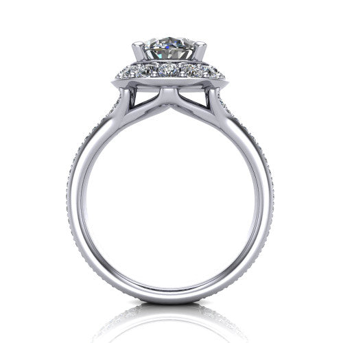 Melissa oval halo engagement ring in 14K White Gold, through-finger front profile showing the halo head raised above the pav&eacute; split band
