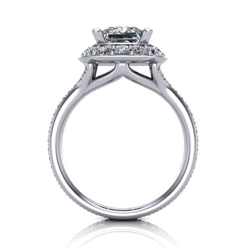 Melissa princess halo engagement ring in 14K White Gold, through-finger front profile showing the halo head raised above the pav&eacute; split band